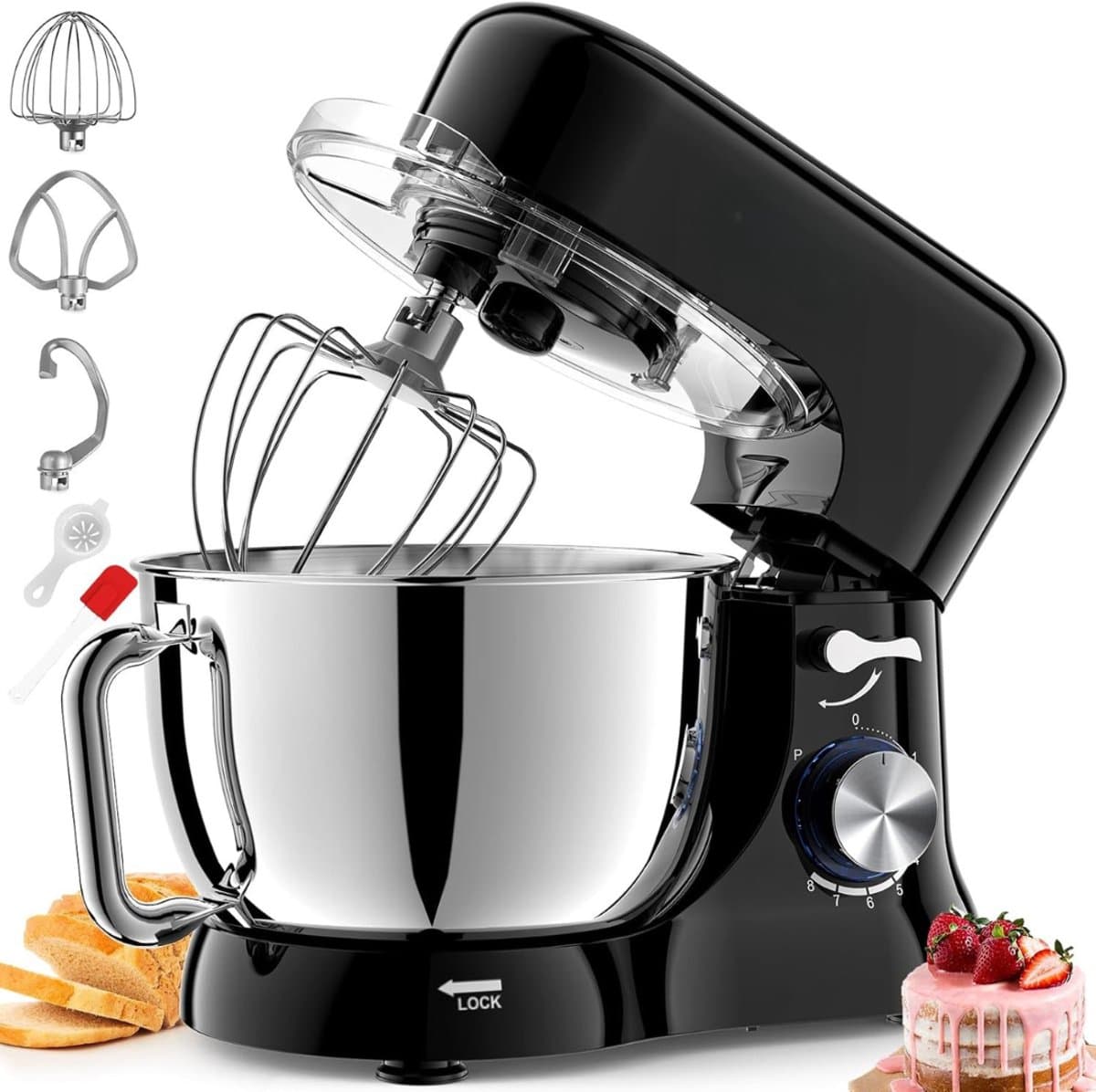 Deegmachine - Keukenmachine - Stille Roermachine - Incl. 5 Liter Roestvrijstalen Kom - 3 Mengaccessoires - Spatbescherming - Deegschraper En Eierscheider - Deegmachine Met 8 Standen - (Zwart) — afbeelding 1