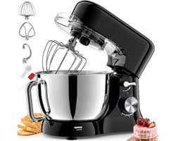 Deegmachine - Keukenmachine - Stille Roermachine - Incl. 5 Liter Roestvrijstalen Kom - 3 Mengaccessoires - Spatbescherming - Deegschraper En Eierscheider - Deegmachine Met 8 Standen - (Zwart)