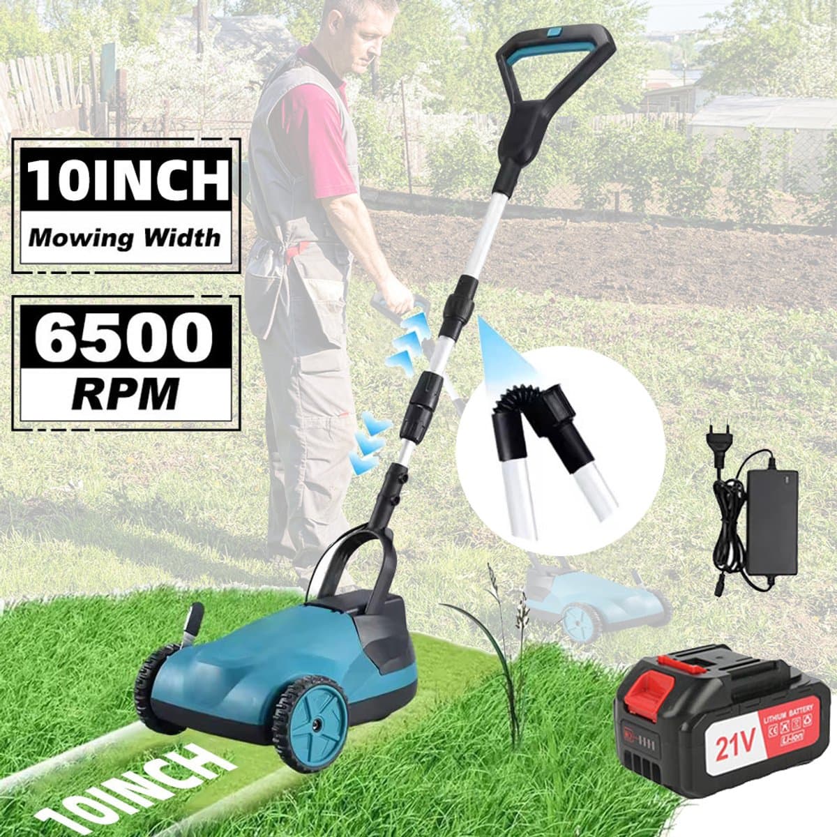 Elektrische Grasmaaier - Draagbaar - Snoerloos - 3 Hoogte-instellingen - 10 inch — afbeelding 1