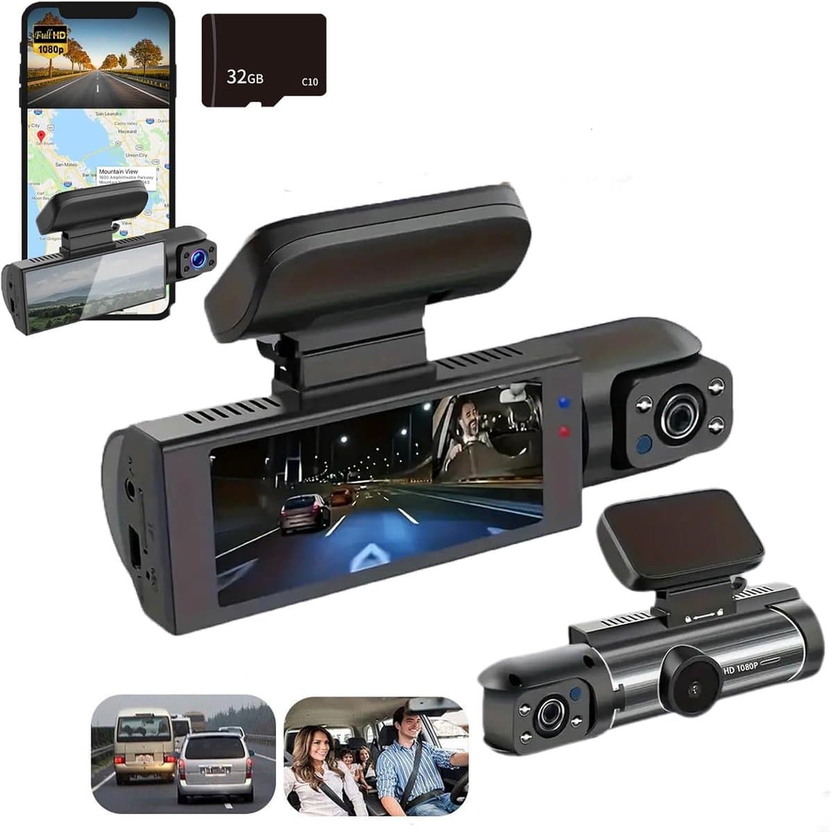 4K-dashcam met dubbele lens, groothoekcamera's aan de voor- en achterkant, ondersteunt 24-uurs parkeerbewaking, heeft een 3,16-inch scherm en een nachtzichtfunctie. Deze dashcam begeleidt u tijdens uw reis (32 GB). — afbeelding 1