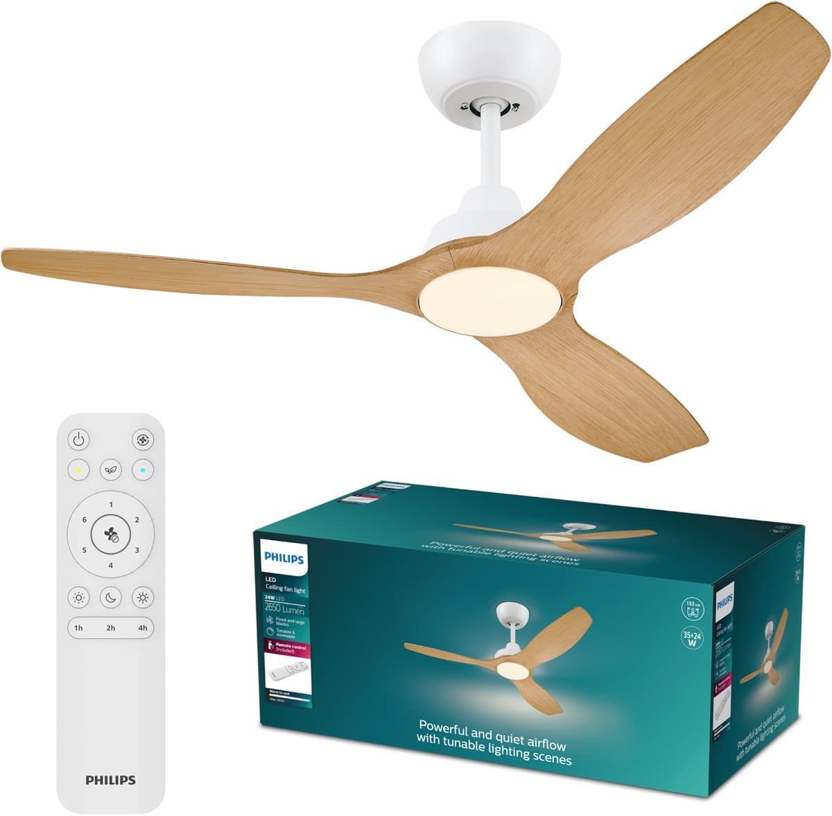 Philips Olas Ventilator met LED lamp - Diameter: 132cm - Instelbaar wit licht van 3000K tot 6500K - Dimbaar tot 5% - Inclusief afstandsbediening - 2650 Lumen - Wit/Hout — afbeelding 1