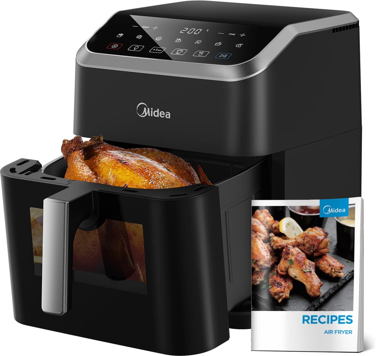 Midea Air fryer MF-CY70K - Hete lucht friteuse - 7L Capaciteit - HeatXpress Technologie - 90% Minder Olie - Energie en Tijdsbesparing met 7 Voorinstellingen - Transparante klep - Verlicht - Antiaanbaklaag, Zwart — afbeelding 1