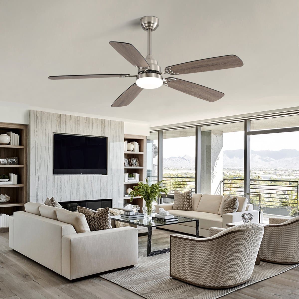 Re-purelife® Koel Zomer Collectie Grote Plafondventilator Ø132 cm met LED & Afstandsbediening – 6 Snelheden, 5 Bladen, Omkeerbare DC Motor met Zomer- & Winterfunctie, Stil & Energiezuinig – Must-Have Zomer voor Woonkamer, Slaapkamer – Brushed Nickel — afbeelding 1