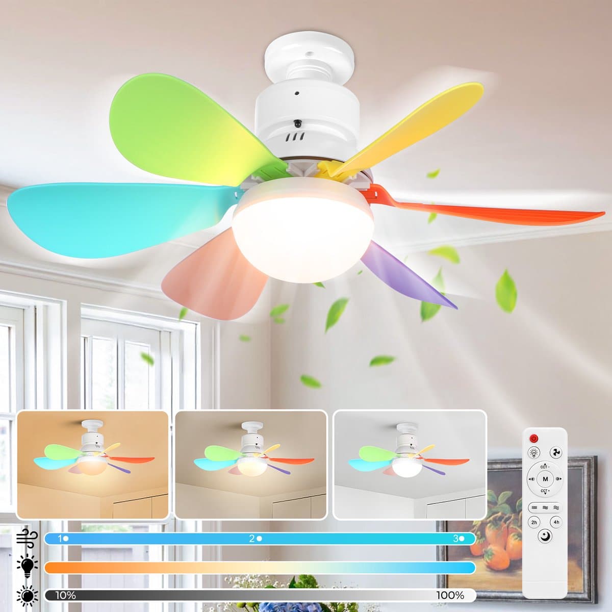 Plafondlampen met Ventilator - 3 kleurtemperatuurverlichting - Doorsnede 52 cm Ventilator Lamp met Afstandsbediening - 40W Plafondventilator met Dimbare LED Lamp - 1/2/4 uur Tmerfunctie - Beschikbaar in Voor Slaapkamer, Woonkamer, Garage enz(Kleur) — afbeelding 1
