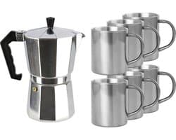 Zilveren percolator/espresso koffie apparaat met 6x RVS kopjes - Koffiezetapparaat met mokken - Koffiepercolator