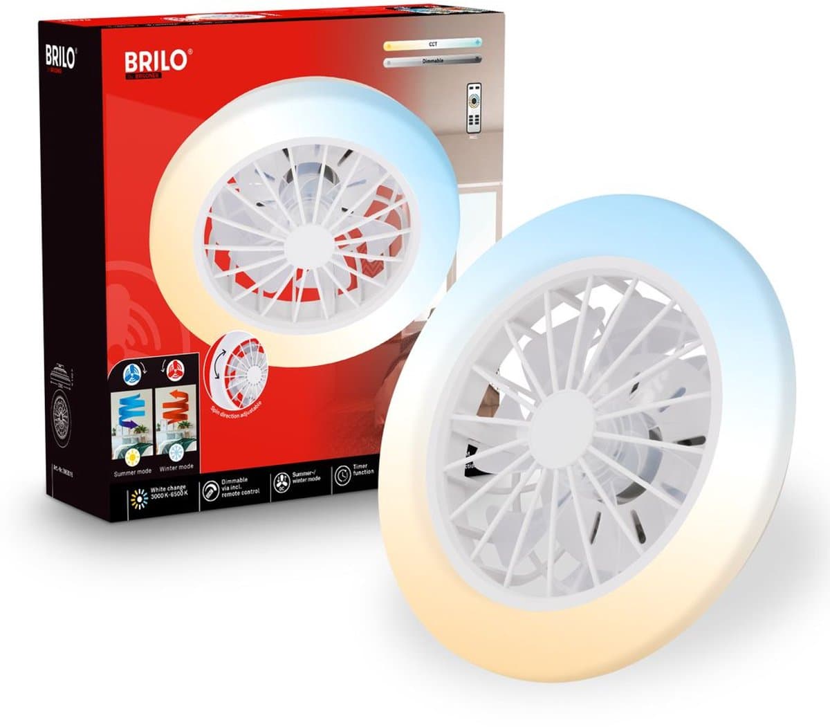 BRILONER Pafo - Plafondventilator met verlichting - LED plafondlamp met ventilator - dimbaar - 5 snelheden - ventilatorlamp zomer- en wintermodus - CCT - Ø38 cm - wit — afbeelding 1