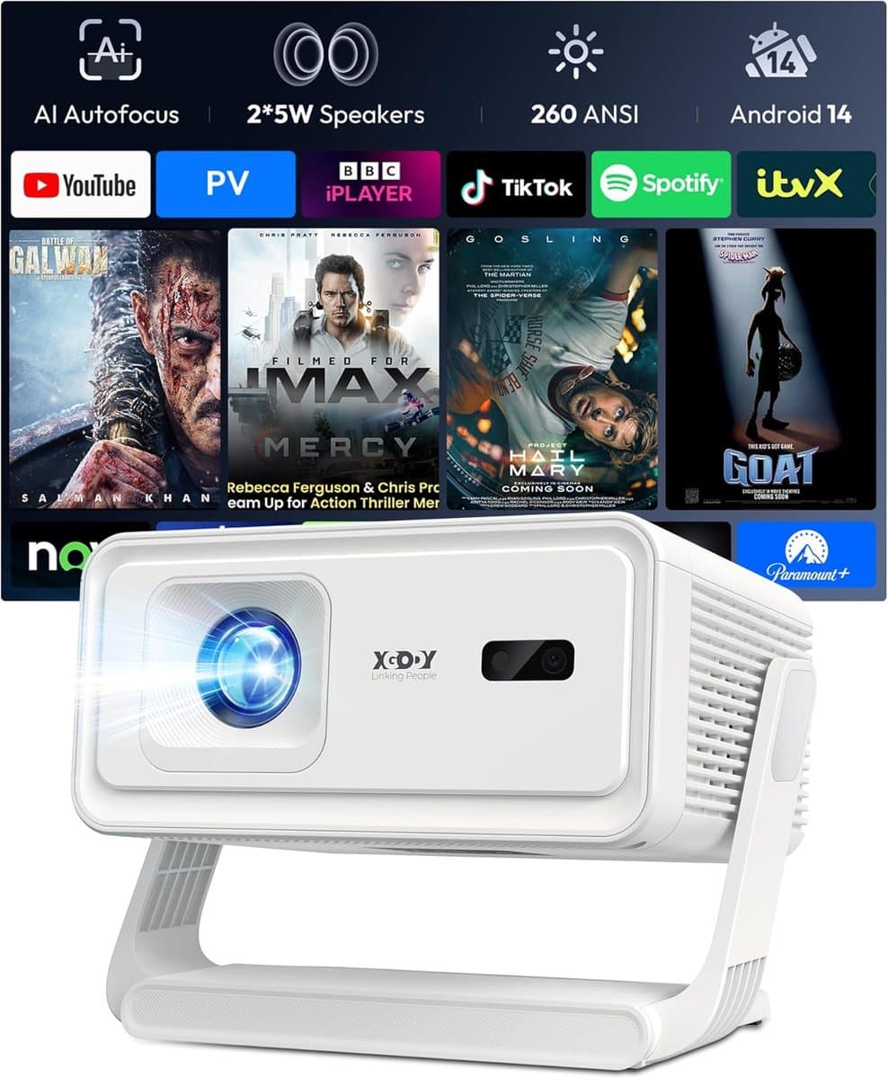 SnelShoppen - Smart Projector Xgody A1, 4K 1080P Beamer met WiFi 6 en Bluetooth 5.4, Autofocus, Automatische Trapeziumcorrectie, 180° Rotatie voor Thu — afbeelding 1