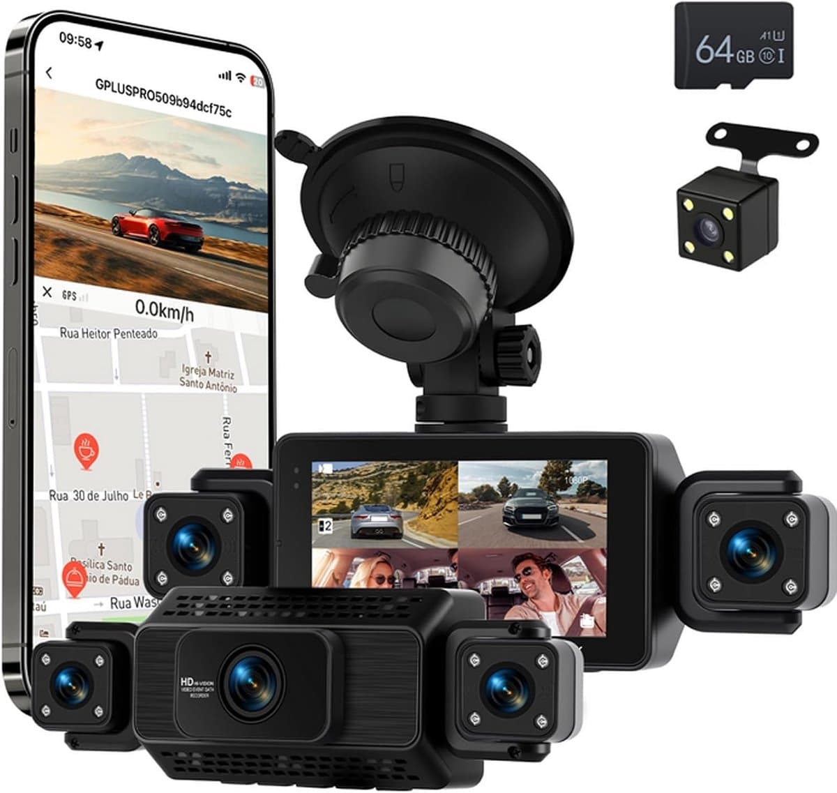 Dashcam voor auto - Zwart - 3 inch - 4-kanaals Full HD dashcam met wifi en nachtzicht - Voor uitgebreide voertuigbewaking — afbeelding 1