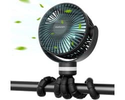 Kinderwagen Ventilator – USB Oplaadbaar – 8000 mAh – 360° Draaibaar – 4 Snelheden – Clipventilator met LED Nachtlamp – Zwart