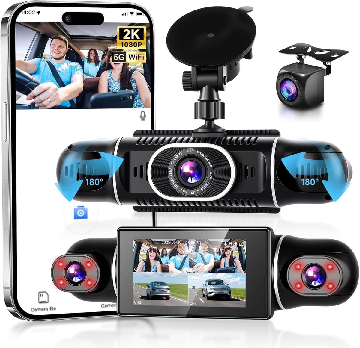 SnelShoppen - 4-Kanaals 2K Dashcam met WiFi, 360° Bescherming, Nachtzicht, 3 Inch IPS Display, G-Sensor, Ideaal voor Auto, VTC, Rijschool, Gezinsreize — afbeelding 1