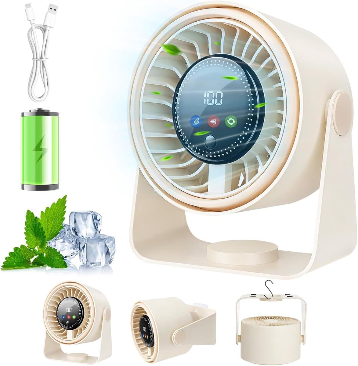 Tafelventilator, 3-in-1 USB-ventilator, stille tafelventilator, mini-ventilator, 5 snelheden, campingtafelventilator met accu, 360 graden instelbaar, voor keuken, slaapkamer, camping, kantoor, outdoor — afbeelding 1