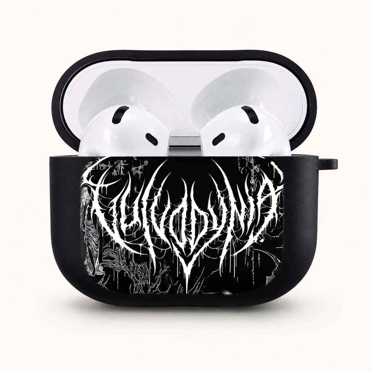 Enluxe Case geschikt voor Airpods 4 - Black Metal Gothic Print - Zwart Hardcase met Karabijnhaak, Schokbestendig Hoesje — afbeelding 1