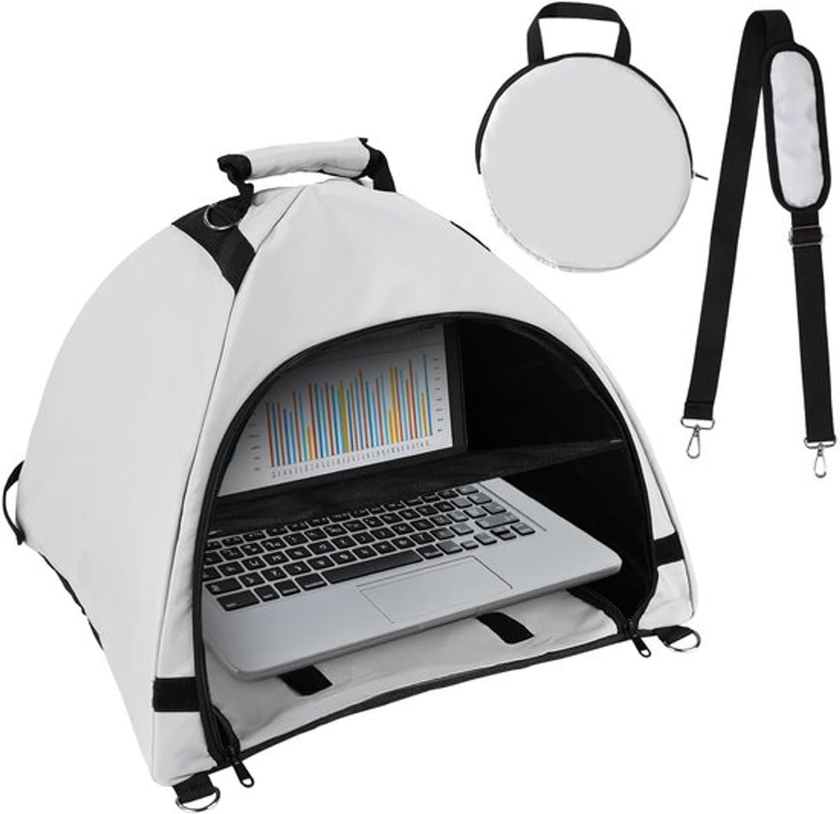 Laptoptent, laptopzonnescherm, waterdicht doek, computerscherm, privacyscherm voor buitengebruik, bescherming tegen schittering en warmte, omvormbare tas voor buiten, grijs — afbeelding 1