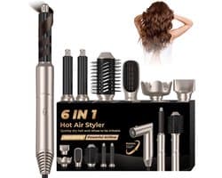 Styler 6-in-1 Air Brush verwarmingsborstel, föhn met diffuser, 6-in-1 blaasborstel, airstyler, haarkruller, stijlborstel, airbrush-set, kapsel, dames, goud