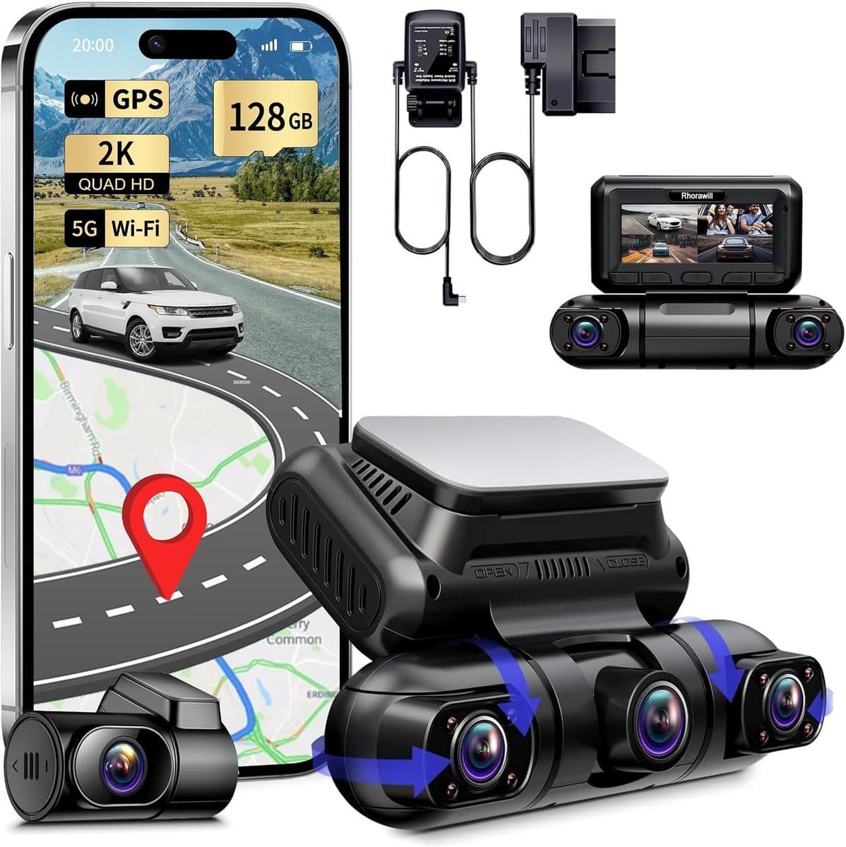 4-Kanaals Dashcam Auto 5G WiFi,360°Draaibare Voorkant Achterkant Binnenkant Links Rechts Dashcam,Radar Bewegingsdetectie,GPS,Nachtzicht,Parkeercontrole,1080P 3“ met 128GB kaart,Hardwire Kit — afbeelding 1