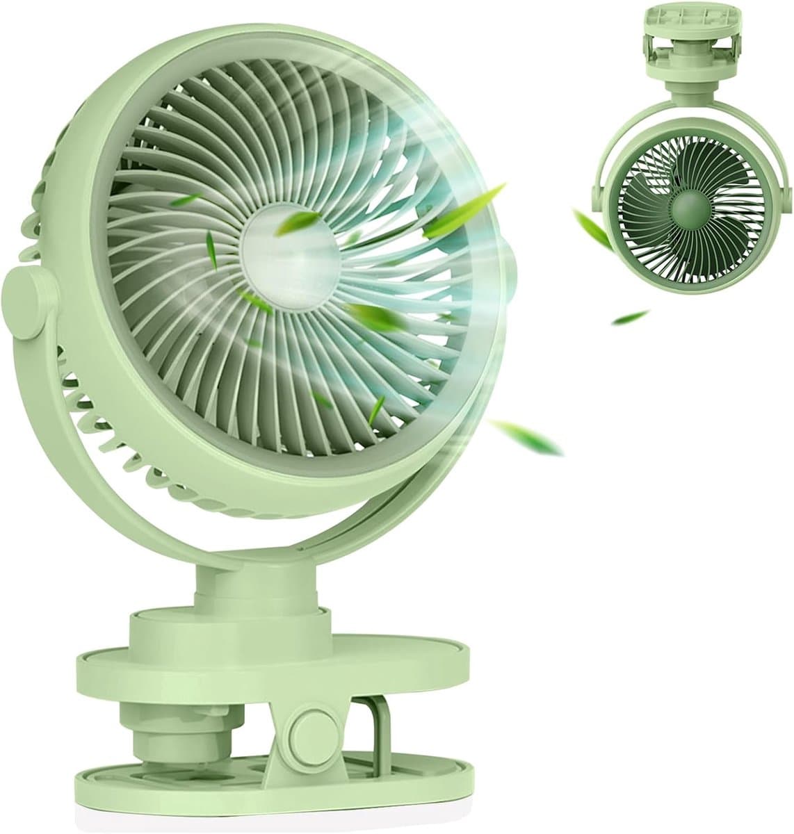 LISM - USB oplaadbare clipventilator, 5 snelheden, 360° draaibaar, omkeerbaar, krasbestendig, compacte clip, Geschikt voor kinderwagens/auto's/kantoor, miniventilator met nachtlampje – ideaal zomercadeau (groen) — afbeelding 1