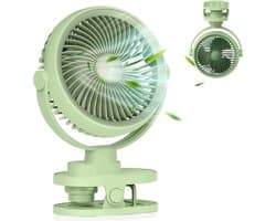 LISM - USB oplaadbare clipventilator, 5 snelheden, 360° draaibaar, omkeerbaar, krasbestendig, compacte clip, Geschikt voor kinderwagens/auto's/kantoor, miniventilator met nachtlampje – ideaal zomercadeau (groen)