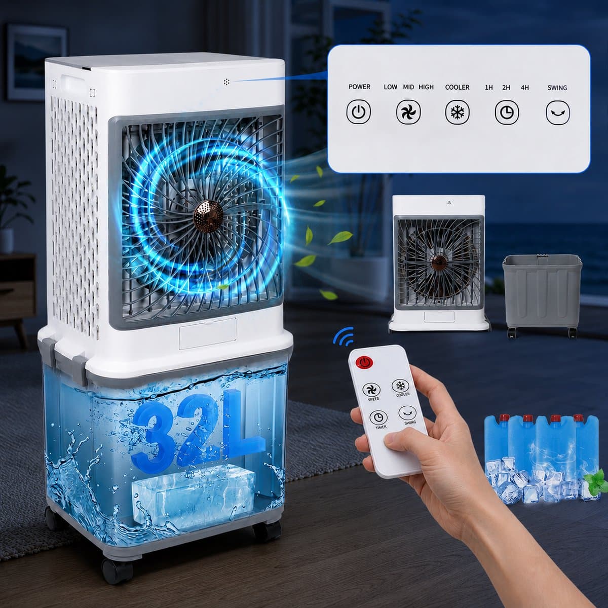 MUPOO Mobiele Aircooler 4-in-1 - Airco Zonder Afvoerslang -Luchtkoeler met Water 32L Watertank- 4 Koelelementen & Afstandsbediening - Stil 50 dB & met 120° Oscillatie - Koeling Ventilator voor Woonkamer en Slaapkamer — afbeelding 1