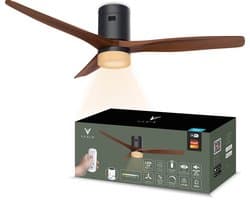 Varin® Smart Plafondventilator met verlichting - Ø 132cm - Zwart/Walnoot - LED CCT 18W - Super stil 20dB - 6 snelheden - Woonkamer - Slaapkamer - Tuya WiFi - App & Afstandsbediening