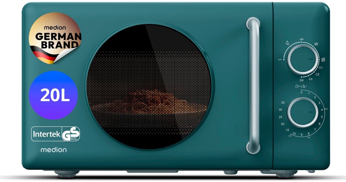 MEDION Retro magnetron met grill - 20 L - petrolblauw | 800 watt, 5 vermogensstanden, 3 combiprogramma’s, timer, ontdooifunctie, MD100119 — afbeelding 1