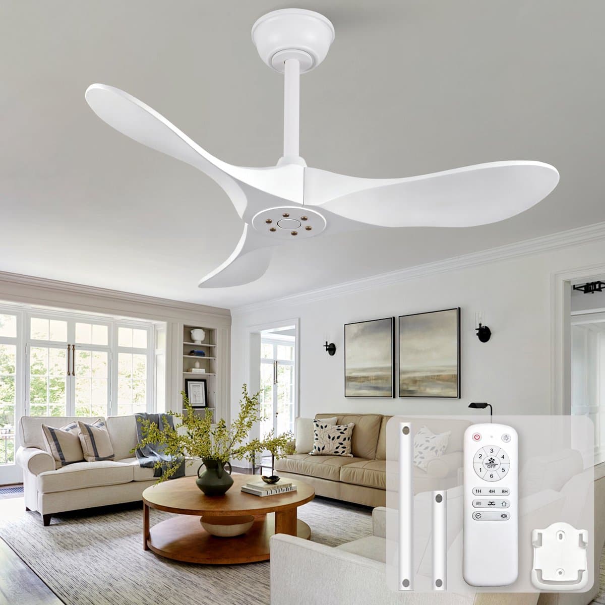 Plafondventilator 36 inch wit met 3 massief houten bladen - afstandsbediening - 6 snelheden met omkeerfunctie - geheugenfunctie - modern design - zonder verlichting — afbeelding 1