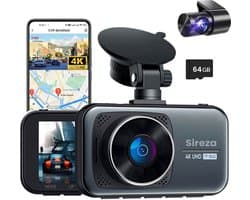 Sireza® D2 - Dashcam - Dashcam Voor Auto - Dual Dashcam - Ultra 4K & UHD - 3 inch met App - A-GPS live locatie + snelheid - 64GB SD Kaart - Loop Opname - G Sensor - mini koevoet - haakske usb-c oplaadkabel - NL/FR/ENG Handleiding + NL Systeem