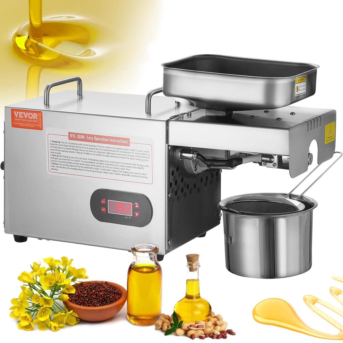Oliepersmachine Elektrisch - 850W Oliepers - RVS - 0-300 °C Instelbaar - Voor Pinda's, Sesam, Koolzaad & Noten - Hoog Olierendement - Warmpersen - RVS Olieverdrijver - Oliewinningsmachine - Thuisgebruik & Professioneel - Zilver — afbeelding 1