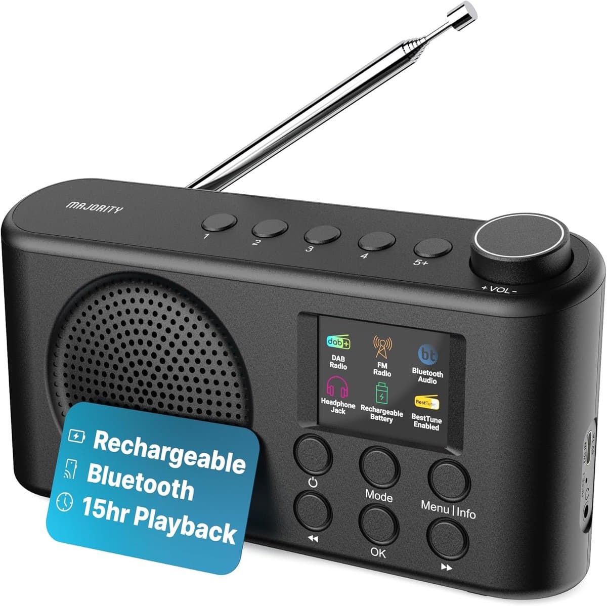 Majority Orwell - Draagbare Radio - DAB/DAB+/FM - Bluetooth - Wekker - EQ-modi - LED-display - Zwart — afbeelding 1