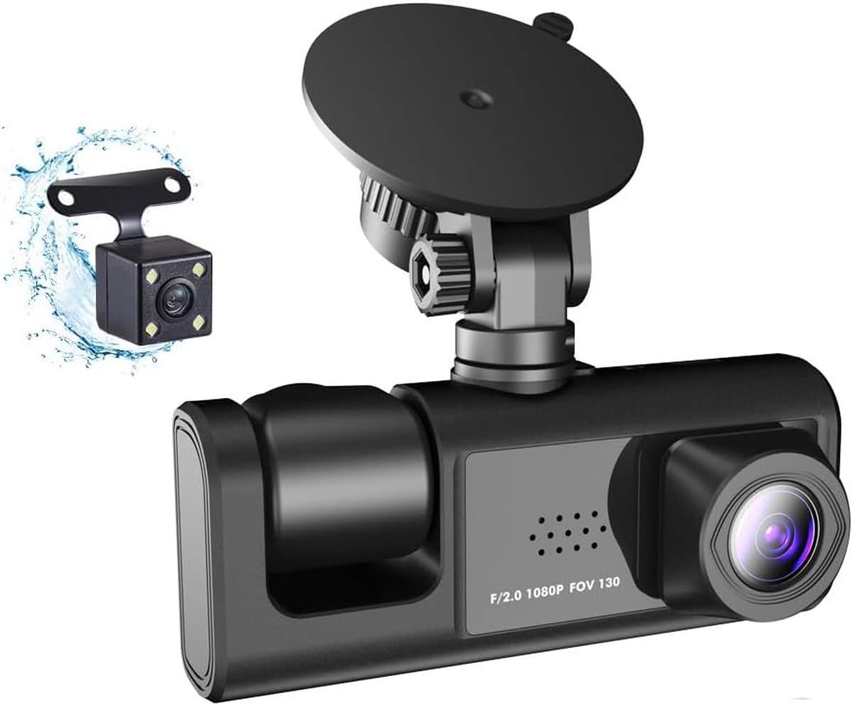 Dashcam met drie camera's - 170° groothoek - Drie camera's voor, in en achter de auto - Full HD - 2-inch scherm - Nachtzicht en botsingsdetectie - Cyclische opname - Achteruitrijbeeld — afbeelding 1