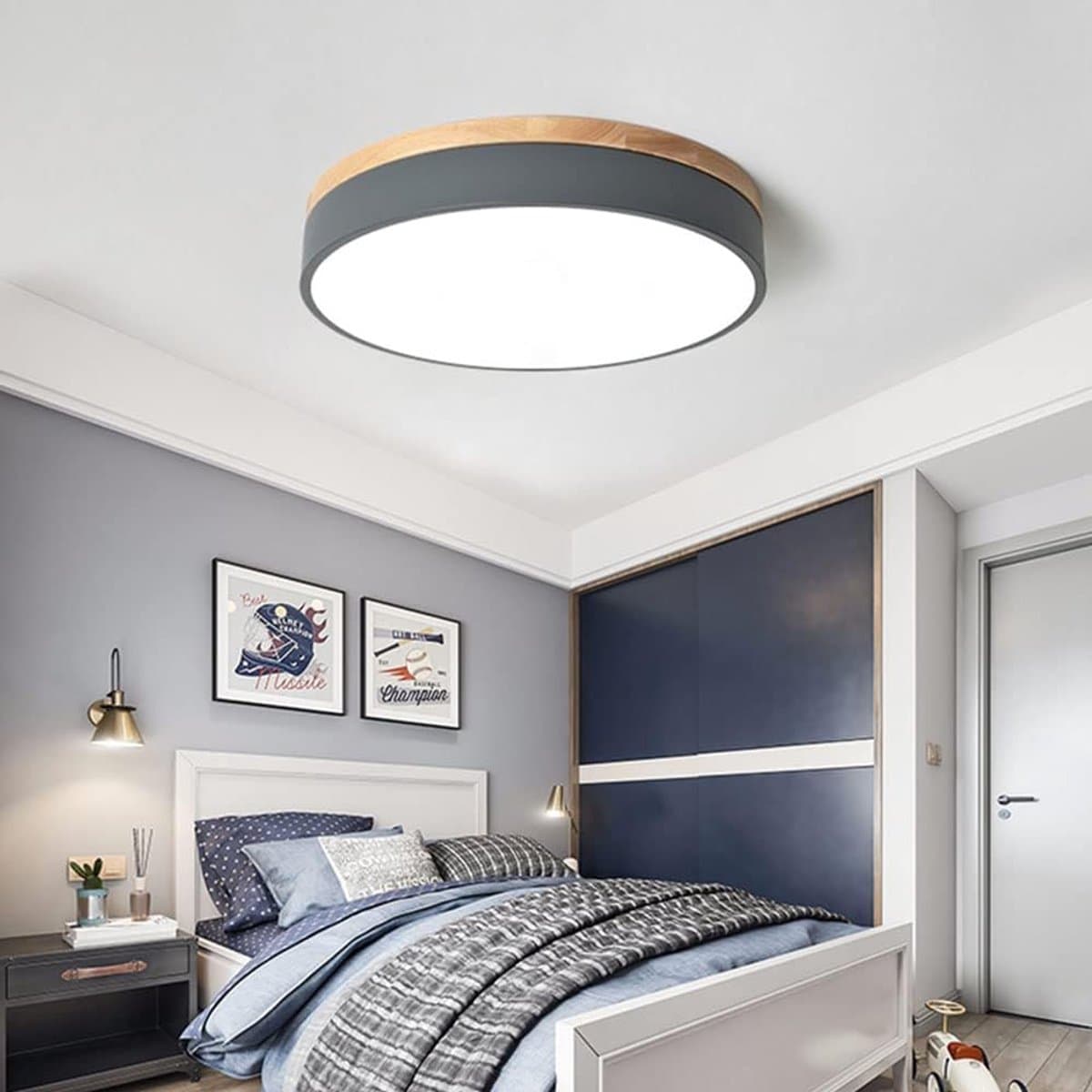 Plafondlamp Led Dimbaar Met Afstandsbediening, Moderne Ronde Plafondlampn, Creatief Rond 24W Plafond Licht 3000K-6000K Metaal en Hout, voor Slaapkamer Kinderkamer Badkamer Licht, Grijs φ40CM — afbeelding 1
