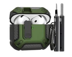Groen hoesje voor oordopjes met cleaning kit – robuuste shockproof beschermhoes geschikt voor AirPods 4 met clip en carbon look details