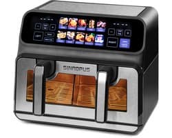 Digitale Airfryer XXL 9L Sinaopus 802 – Heteluchtfriteuse met Dubbele Mand en DualMand Onafhankelijke Snelle Opwarming – Voor Gezinnen – 10 Programma’s – Kijkvenster – Makkelijk te Reinigen – Capaciteit voor 4 Personen