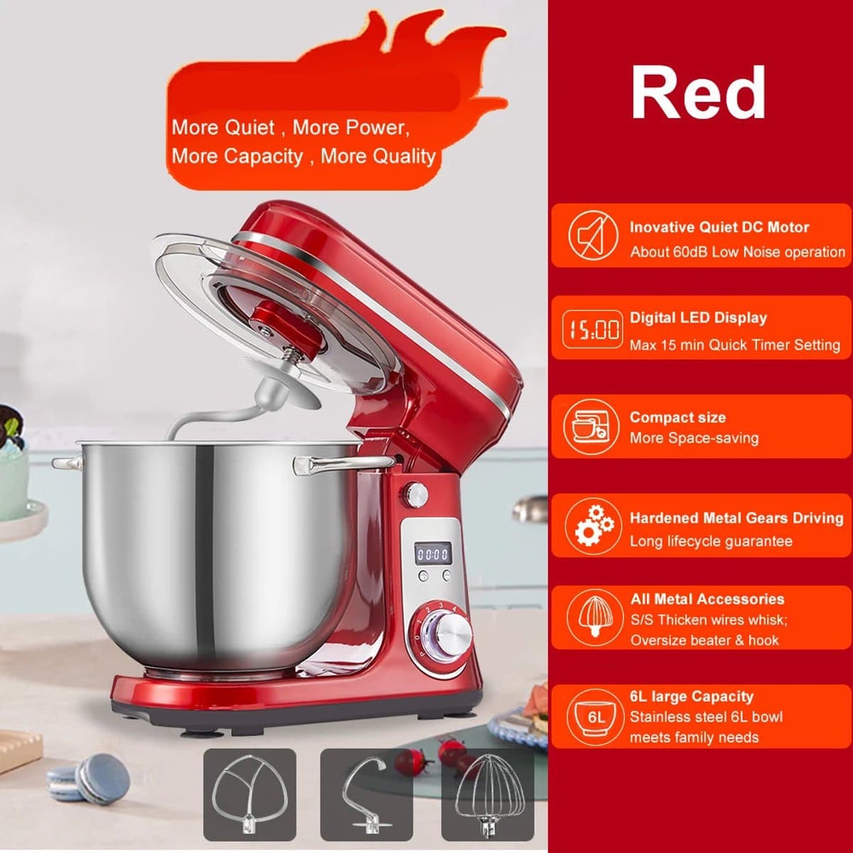 Keukenmixer - Keukenmachine - Foodprocessor - Keukenrobot - LED Display - 6 Snelheden - 1200W - Stil DC-Motor - Elektrische Foodmixer - Rood — afbeelding 1