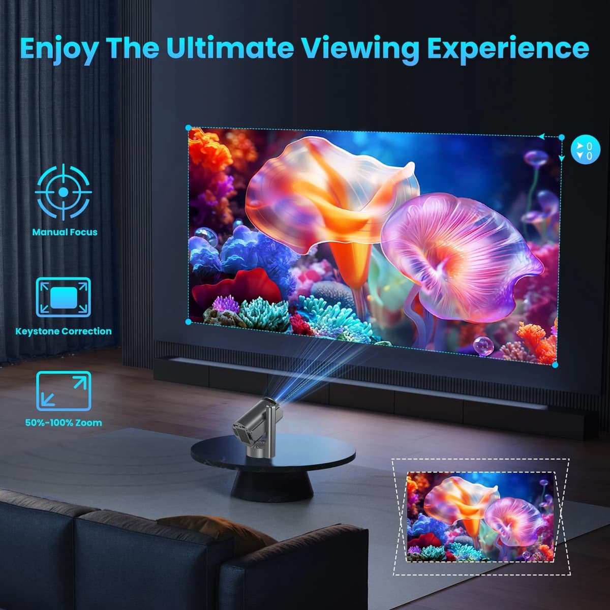 Mini Beamer Draagbaar - 4K Resolutie - 60 Watt Lichtbron - Zwart - Voor Thuisbioscoop En Reizen — afbeelding 1