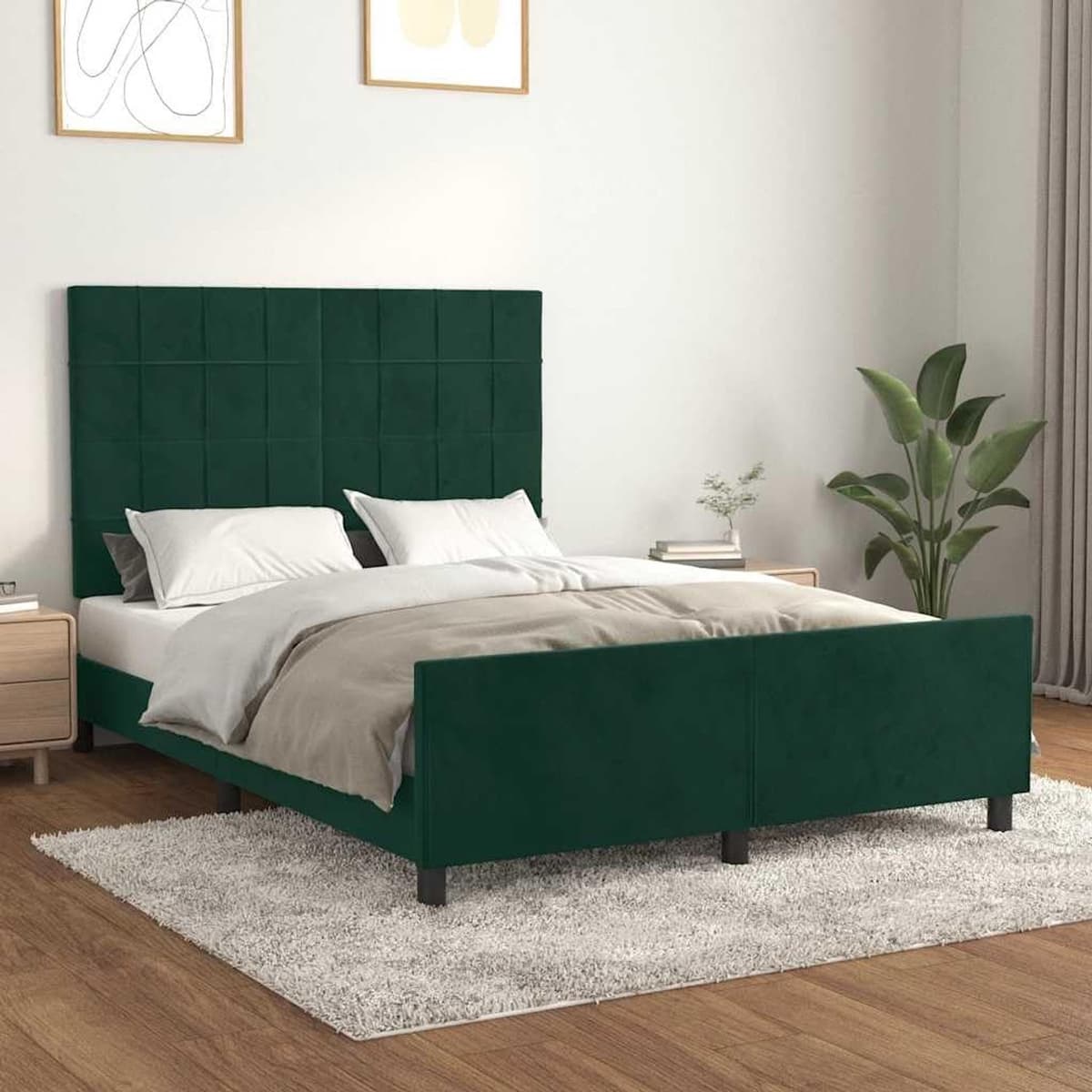 Bedframe zonder matras 140x190 cm fluweel donkergroen met verstelbaar hoofdeinde stevige poten multiplex lattenbodem voor slaapkamer woonkamer comfortabele ondersteuning — afbeelding 1