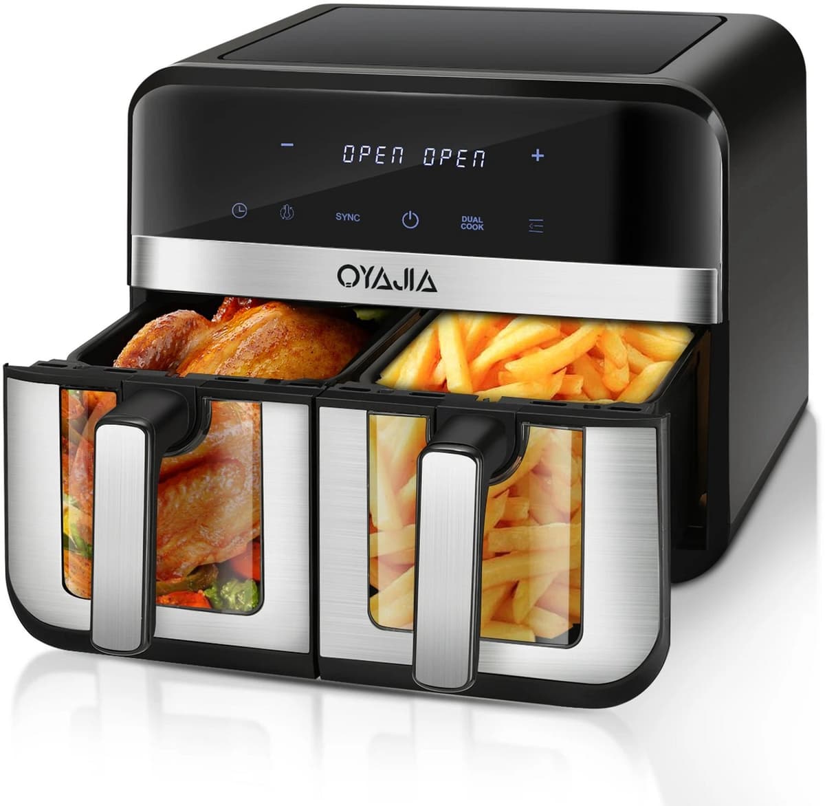 Airfryer met Dubbele Mand 9L – 2x 4,5L Dual Zone Heteluchtfriteuse – Onafhankelijke Bediening – Digitaal Touchscreen – Kijkvenster – 8 Kookprogramma’s – Zwart — afbeelding 1