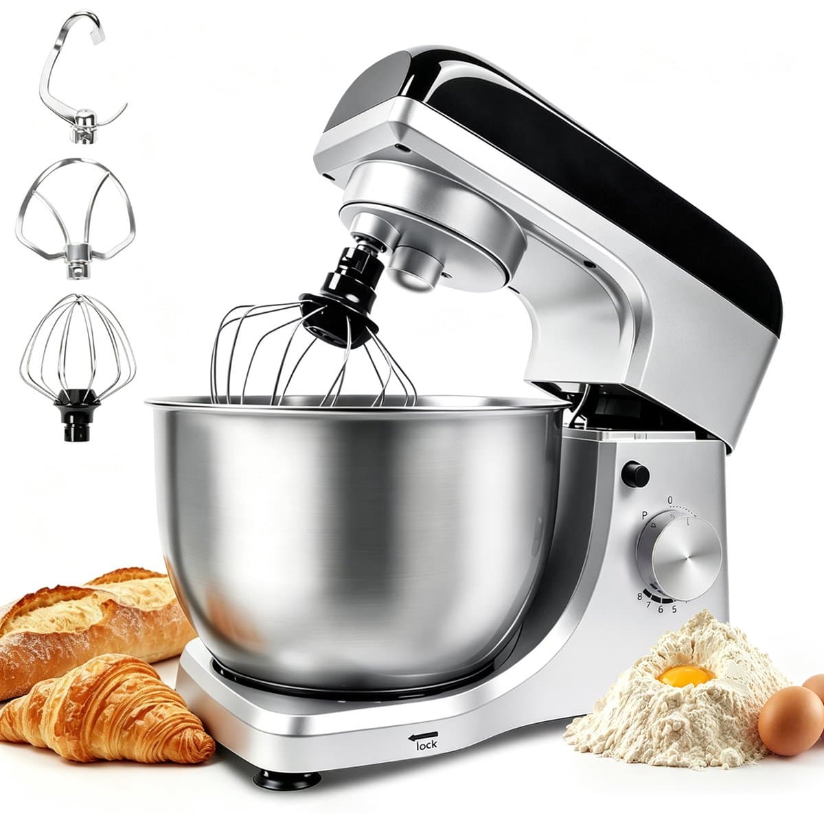 KITYTETY Keukenmixer 1000W - 5L Mengkom - 8 Snelheden - Pulse functie - Keukenmachine - Keukenrobot - Drie Opzetstukken - Zilver — afbeelding 1