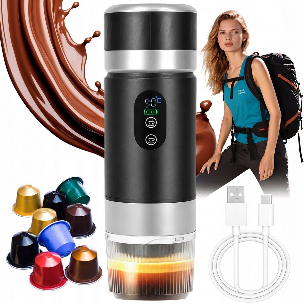 Draagbaar Koffiezetapparaat - Mini Koffiemachine - Capsule Koffiezetter - 20 Bar - Poeder & Capsules - Warm & Koud Zetten - USB-C Oplaadbaar - Kleine Espressomachine - Voor Thuis & Kantoor & Kamperen & Reis — afbeelding 1