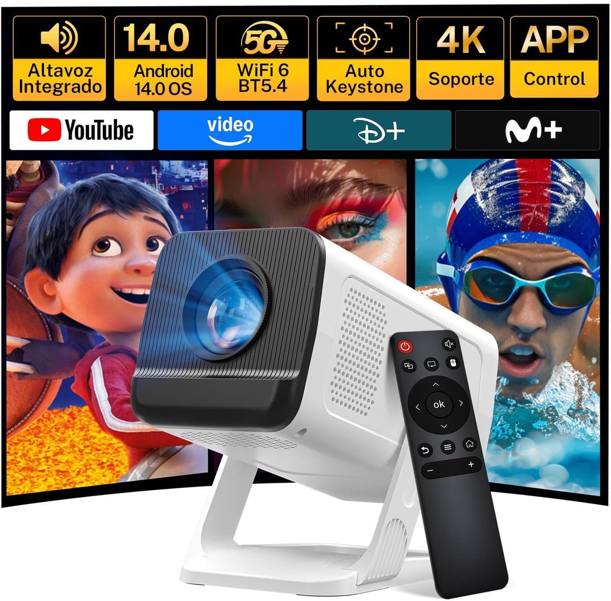 Beamer 4K Ondersteuning – Android 14 – WiFi 6 & Bluetooth 5.4 – Auto Keystone – 270° Draaibaar — afbeelding 1
