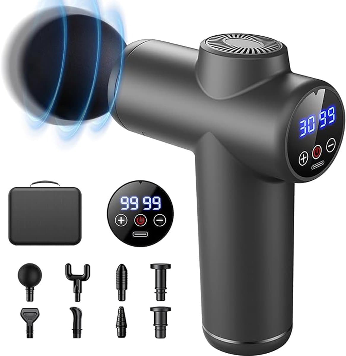 Spiermassagepistool, 99 snelheden, 29900 RPM LCD-touchscreen, uitgerust met Type-C-interface en opbergdoos, spiermassageapparaat voor het verlichten van spierpijn (grijs) — afbeelding 1