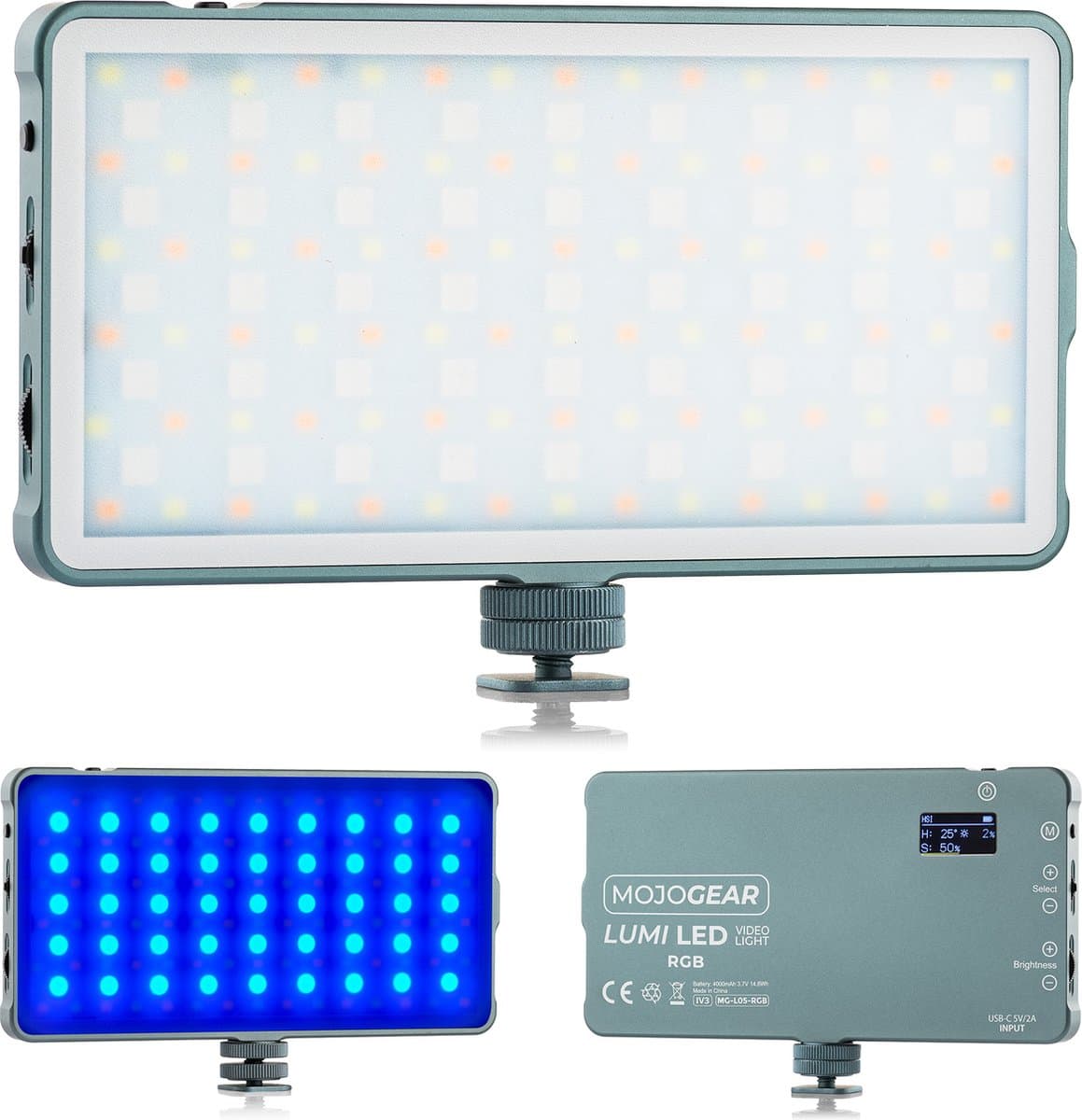 MOJOGEAR Lumi RGB LED-lamp 12W Medium - Stevig metaal - 4000 mAh batterij - Kleur en wit/geel licht - Krachtige lamp voor camera / studio / video - Grijs — afbeelding 1