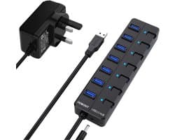 Aangedreven USB 3.0 Hub met 7 Poorten en Individuele Aan/Uit Schakelaars