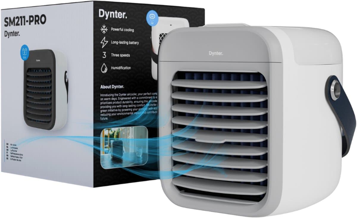 Dynter Mobiele Aircooler – Draadloze Luchtkoeler – Mini Ventilator met Batterij – Compact, Stil & Draagbaar – Grijs (SM211) — afbeelding 1