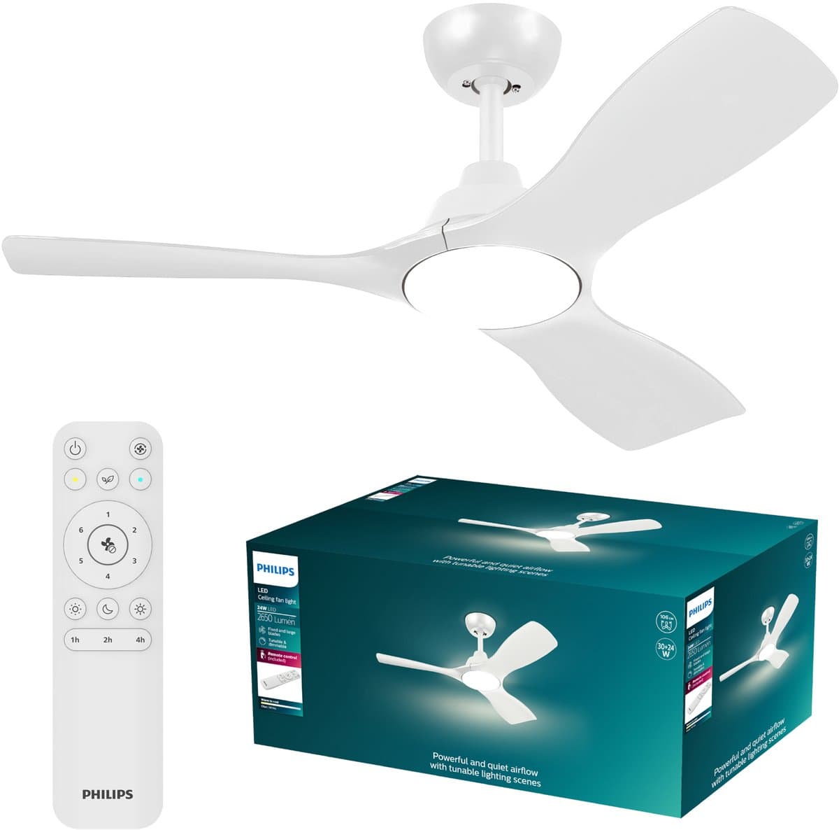 Philips Olas Ventilator met LED lamp - Diameter: 106cm - Instelbaar wit licht van 3000K tot 6500K - Dimbaar tot 5% - Inclusief afstandsbediening - 2650 Lumen - Wit — afbeelding 1