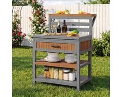 Tuinkast met Werkblad - Buitenkast Grilltafel - Buiten Koken - Roestvrijstalen Werkblad - 100kg Draaglast - Natuurlijk Hout
