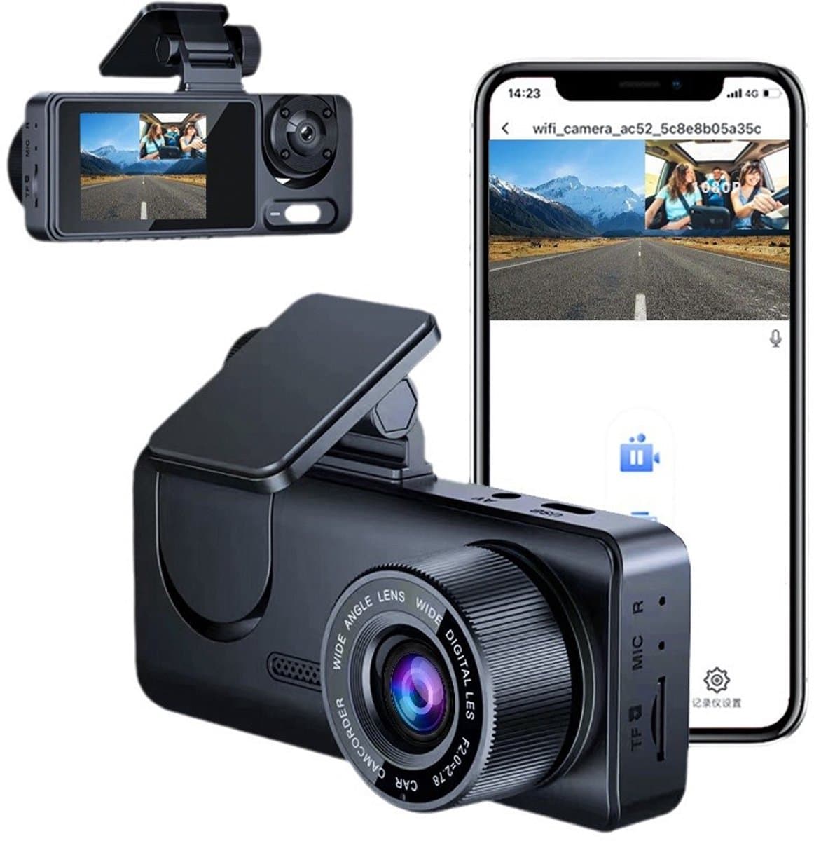 1080P Dashcam met wifi voor auto's, 3-kanaals dashcam voor en achter, 2,0 inch IPS-scherm, loop-opname, G-sensor, WDR, 24-uurs parkeermodus, bewegingsdetectie — afbeelding 1