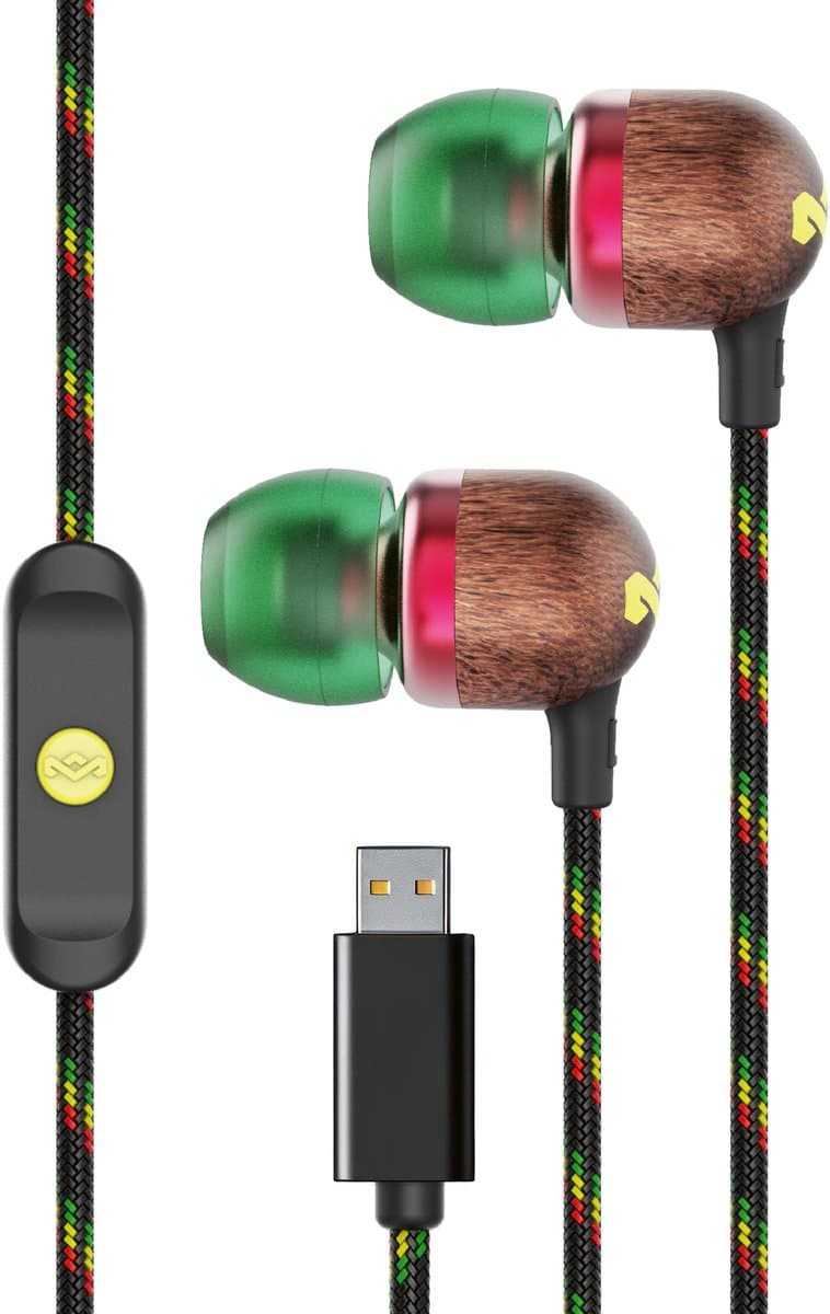 House of Marley Smile Jamaica USB C Oortjes met draad - Bedrade Oordopjes - Met Microfoon en 1knopsbediening - Eco Friendly Design - 9 mm Drivers - Knoopvrije Kabel - Rasta — afbeelding 1