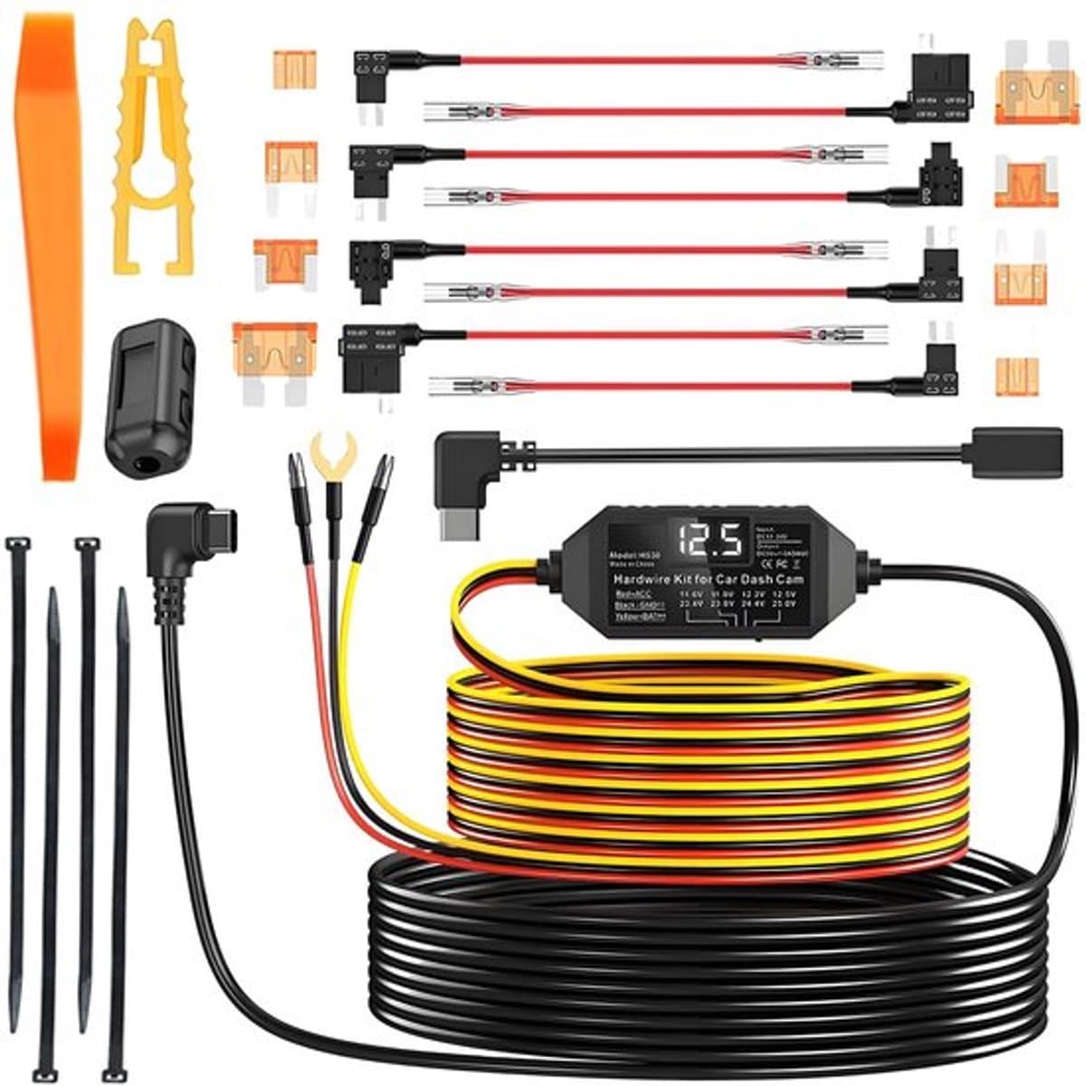 Dash Cam Hardwire Kit voor Dashcams met een USB-C Poort Multi-Size Hardwire Kits Voltage Indicator 24U Monitoring 12V-24V naar 5V met Laag Voltage Bescherming met Conversie A5-A8 — afbeelding 1