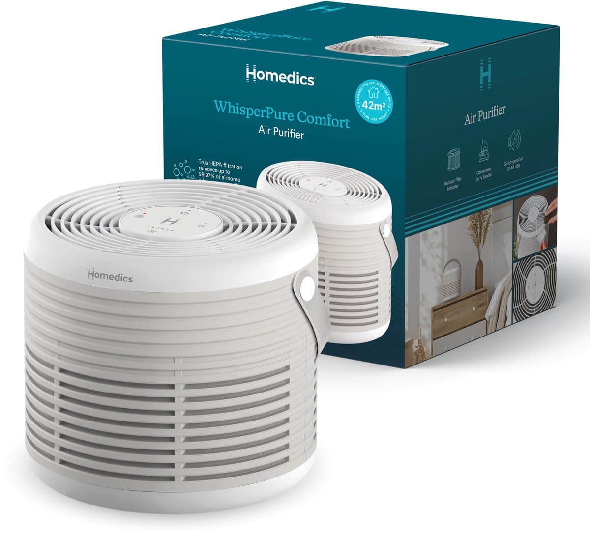 Homedics WhisperPure Luchtreiniger - Hepa en Koolstof Filter - Ruimtes tot 42m² - Met Geurtray - 3 Ventilatiestanden - Air Purifier - Wit — afbeelding 1