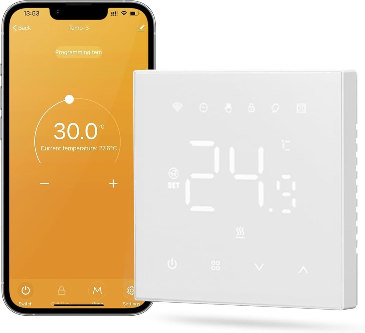 SnelShoppen - Slimme Thermostaat voor Vloerverwarming, Wifi, Digitale Verwarmingsthermostaat, Compatibel met Alexa en Google Home, Waterbestendig, Per — afbeelding 1